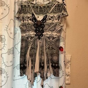 One World Whimsy Crochet V Neck Tunic Top Asymmetrical Bottom Womens Medium